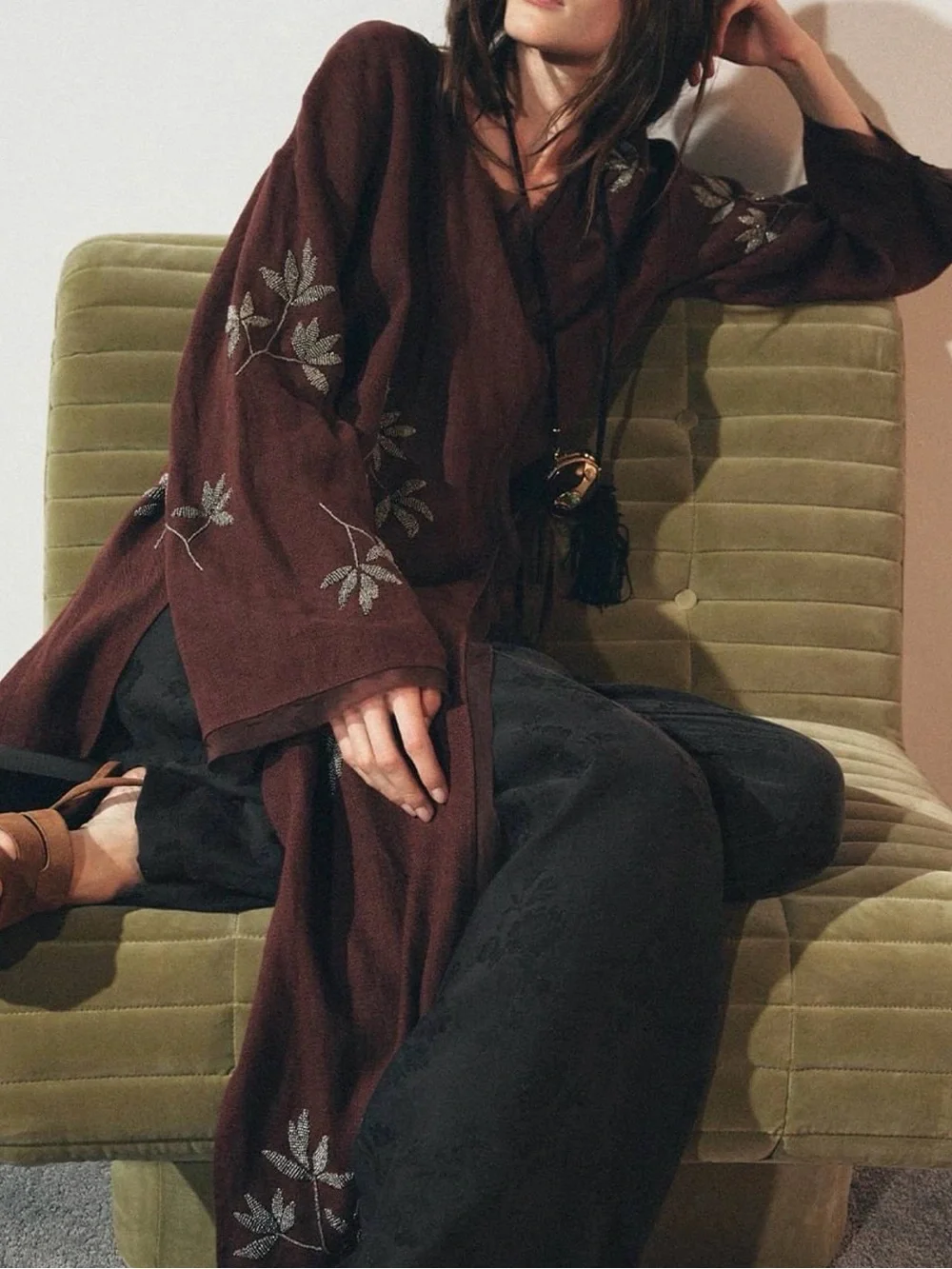 Zara Brown Embroidered Tie-Front Cape